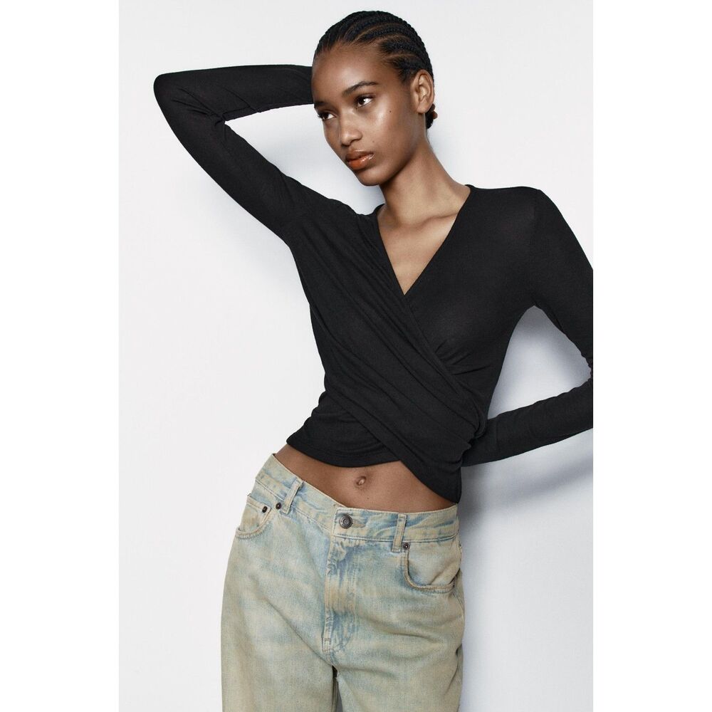 Black Zara Wrap Front Tie Waist Long Sleeve Knit Top (NWT)